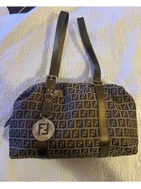 Fendi Zucchino Canvas Boston Bowler Bag Brown & Tan Like New